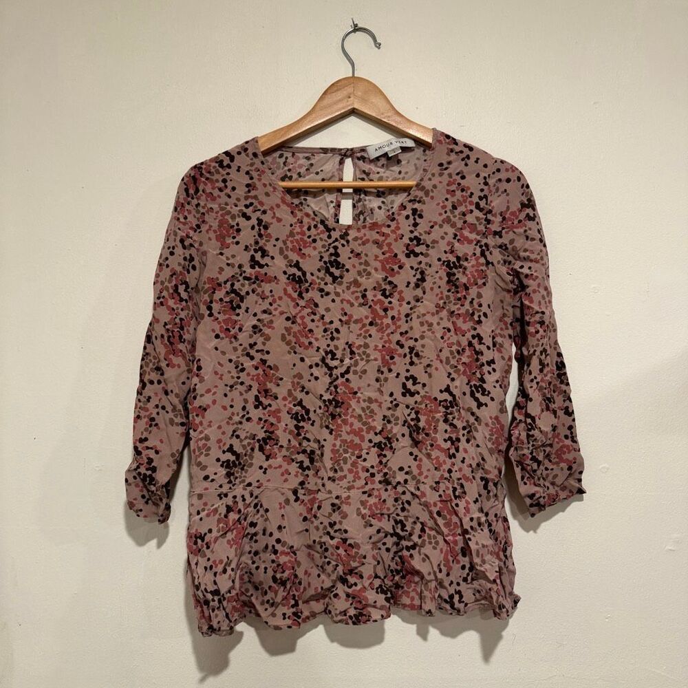 Amour Vert Womens Silk Print Pink Blouse Peplum Style Size: Small